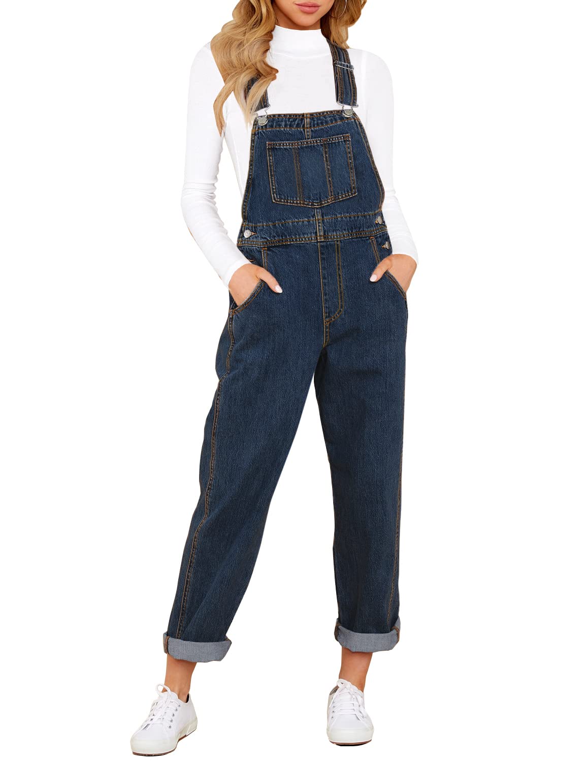 Denim Bib Overalls - Adjustable Loose Fit Jeans Jumpsuit for Women