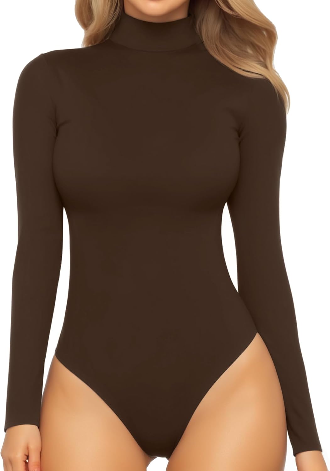Mock Turtleneck Bodysuit - Long Sleeve Fitted Top with Snap Closure