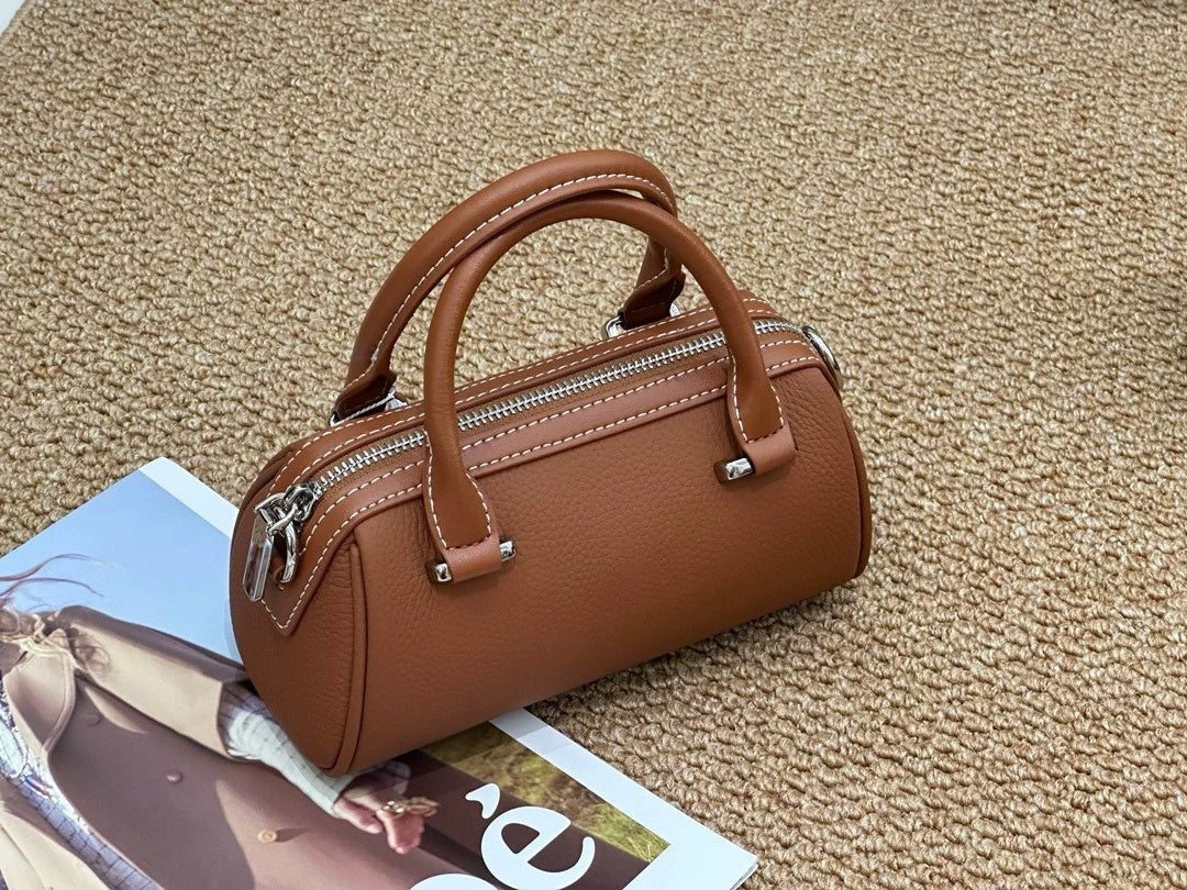 Cross-border Top-grain Leather Boston Pillow Bag, Single-shoulder, Crossbody Small Bag, Versatile Genuine Leather Women&