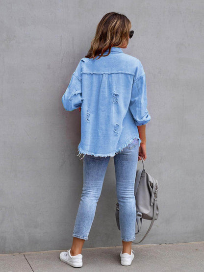 Distressed Drop Shoulder Denim Jacket for Casual Style