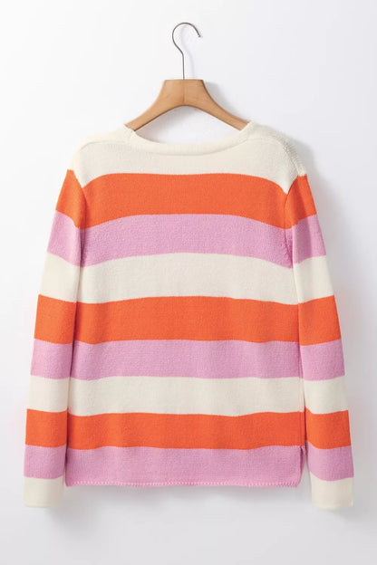 V-Neck Striped Color Block Knit Top