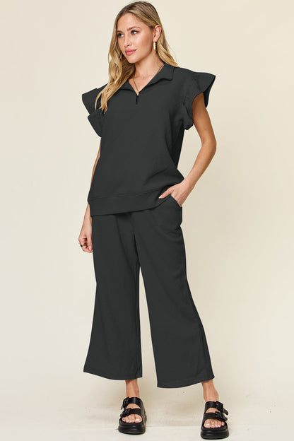 Textured Ruffle Top &amp; Drawstring Wide Leg Pants Set
