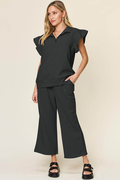 Double Take Texture Ruffle Short Sleeve Top and Pants Set