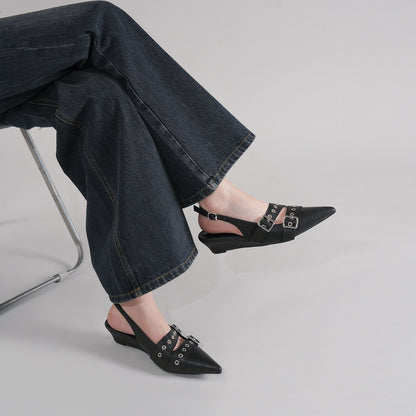Black Punk Double Buckle Eyelet Pointed Toe Slingback Flat Mules For Women, Vintage Backless Slide Sandals