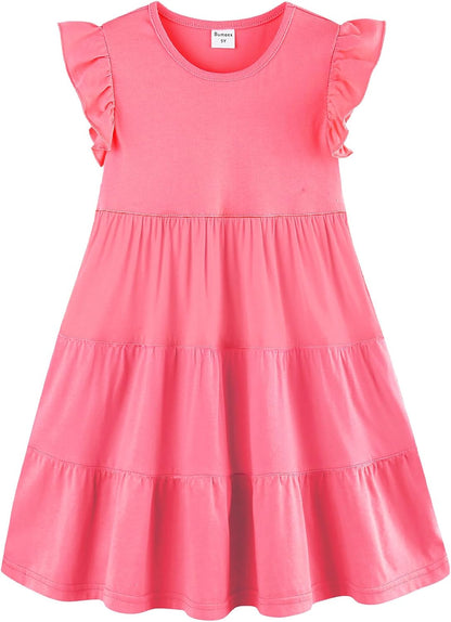 Girls Cotton Dress - Ruffle Sleeve Tiered A-Line Midi Sundress