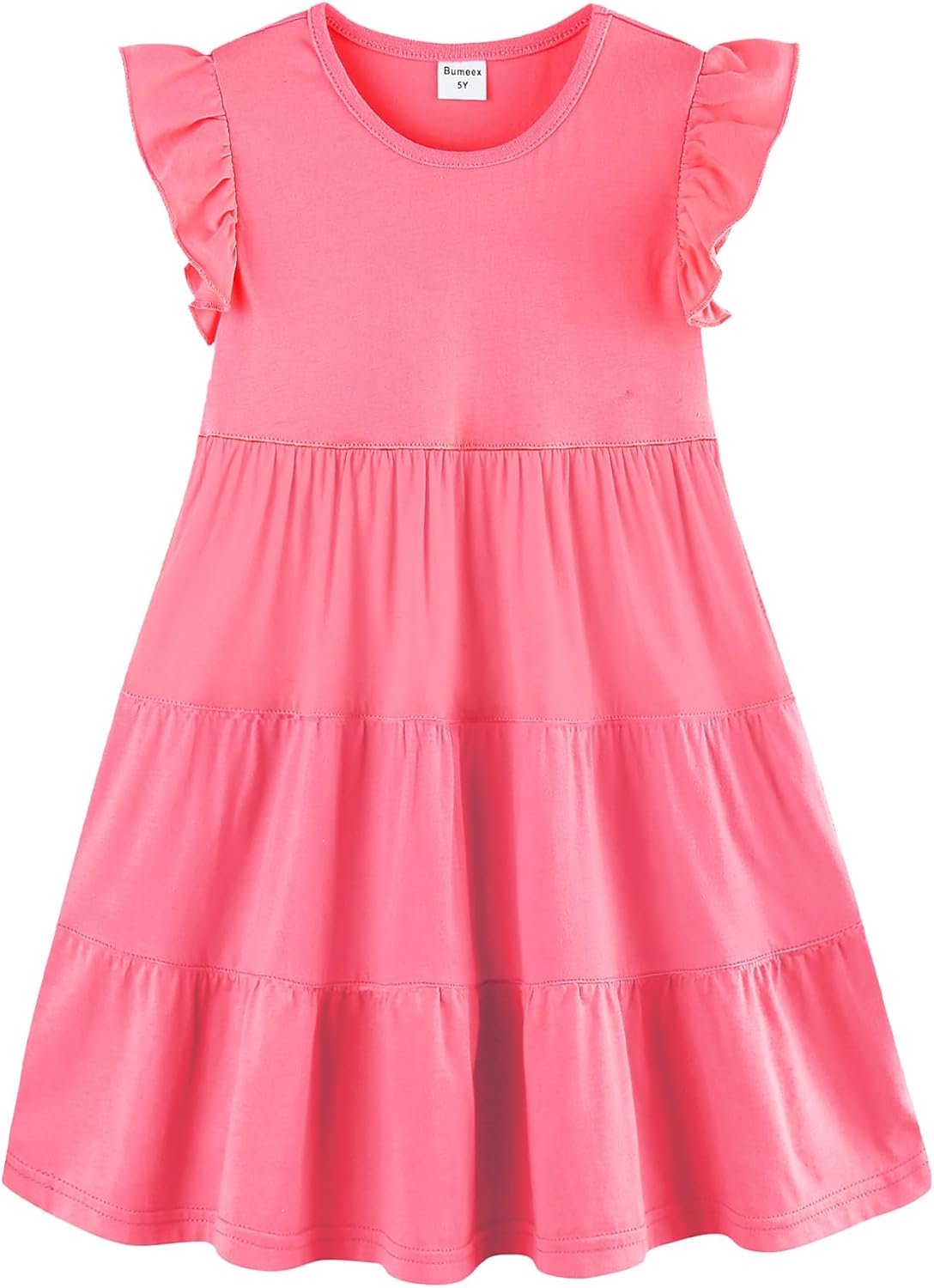 Girls Cotton Dress - Ruffle Sleeve Tiered A-Line Midi Sundress