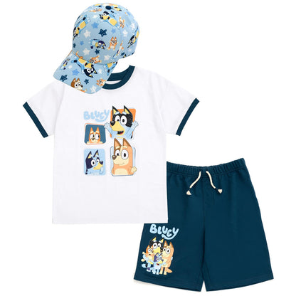 Bluey 3-Piece Kids Outfit Set - T-Shirt, Shorts &amp; Baseball Cap for Toddlers to Big Kids