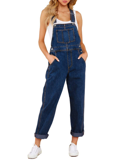 Denim Bib Overalls - Adjustable Loose Fit Jeans Jumpsuit for Women