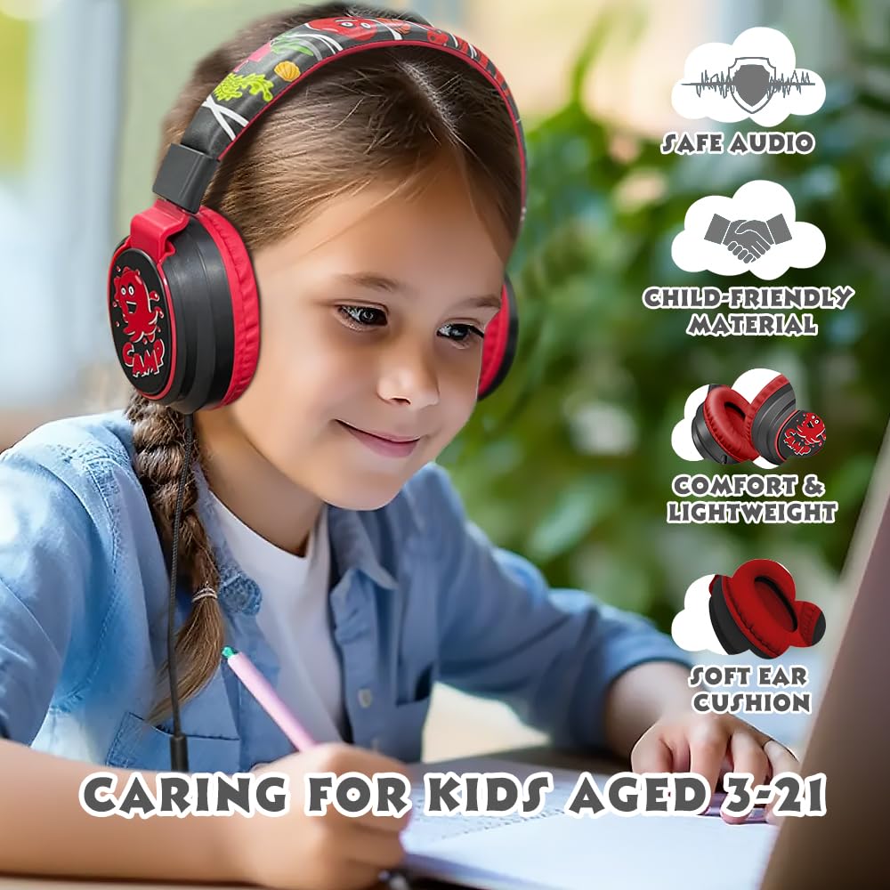 Kids Headphones Volume Limited 85/94dB - Wired Over-Ear Foldable Headset with Microphone Pink