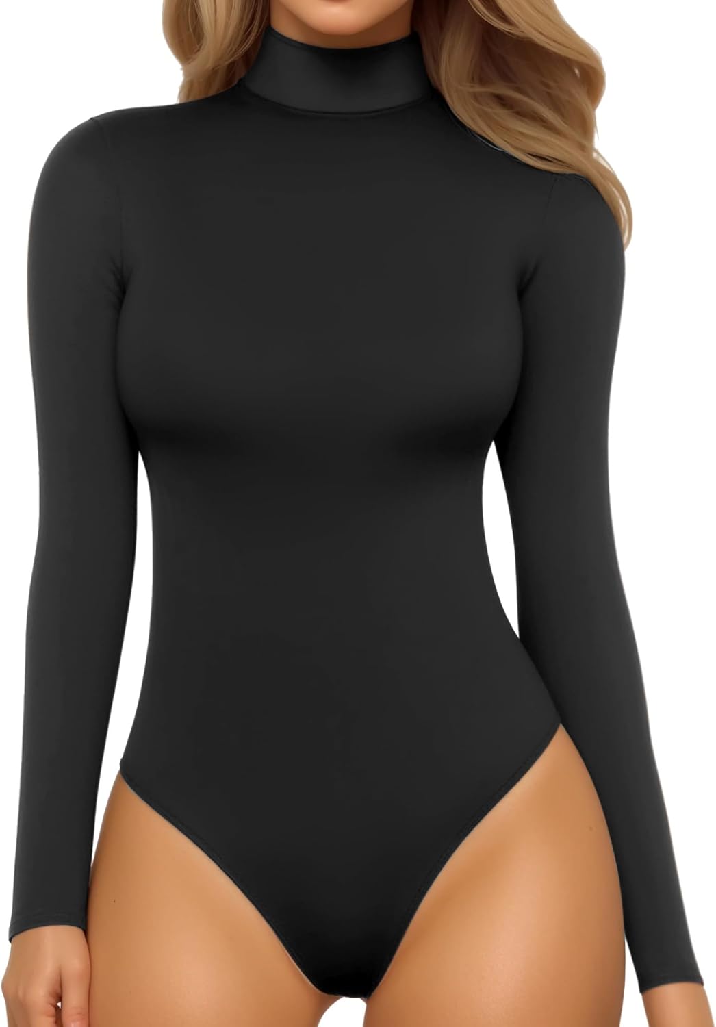 Mock Turtleneck Bodysuit - Long Sleeve Fitted Top with Snap Closure