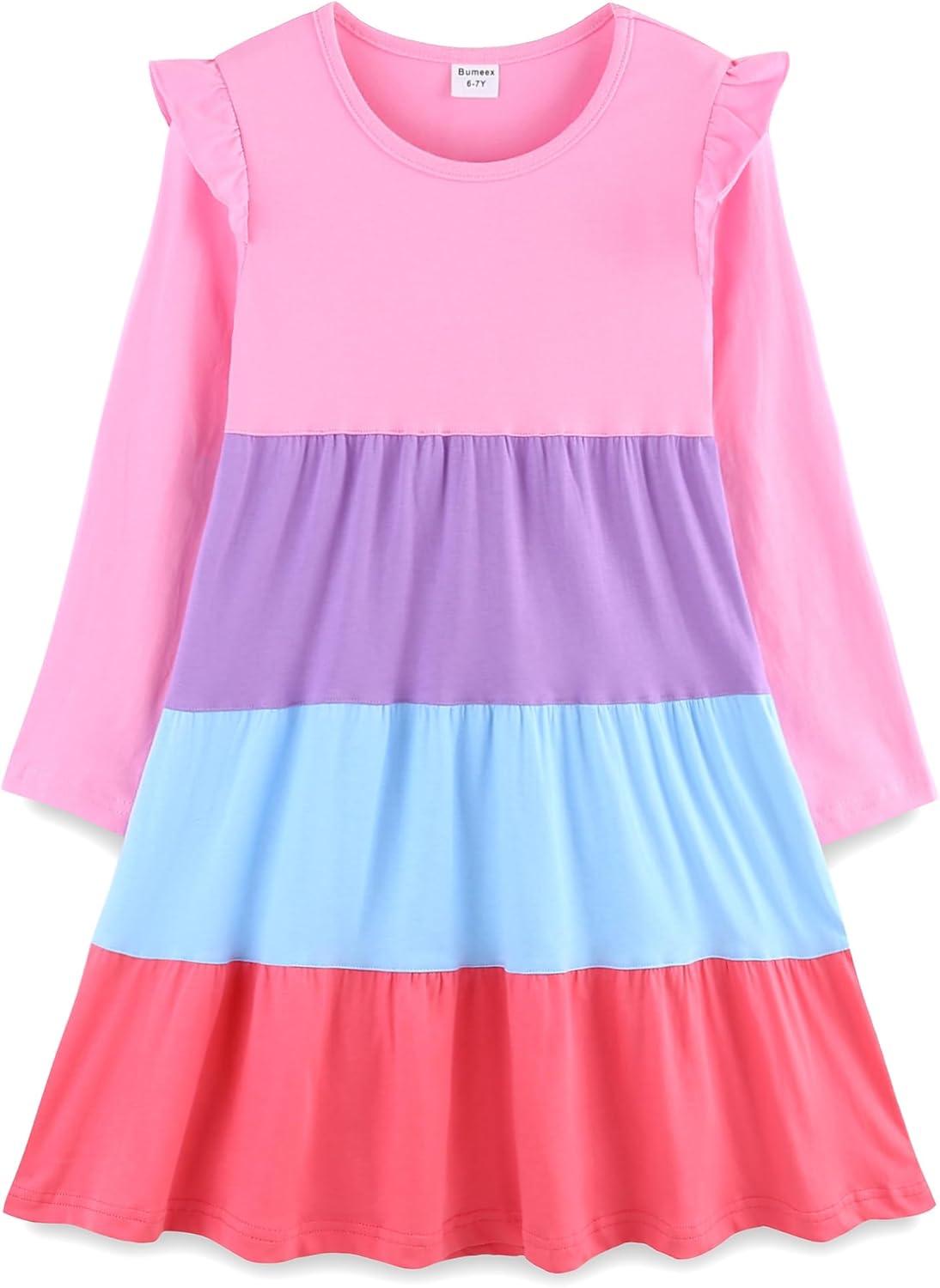 Girls Cotton Dress - Ruffle Sleeve Tiered A-Line Midi Sundress
