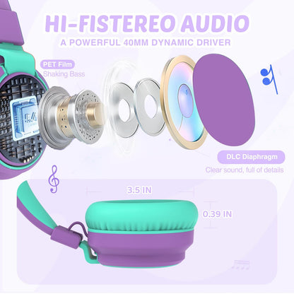 Kids Headphones Volume Limited 85/94dB - Wired Over-Ear Foldable Headset with Microphone Pink