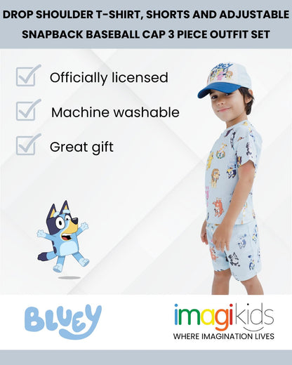 Bluey 3-Piece Kids Outfit Set - T-Shirt, Shorts &amp; Baseball Cap for Toddlers to Big Kids