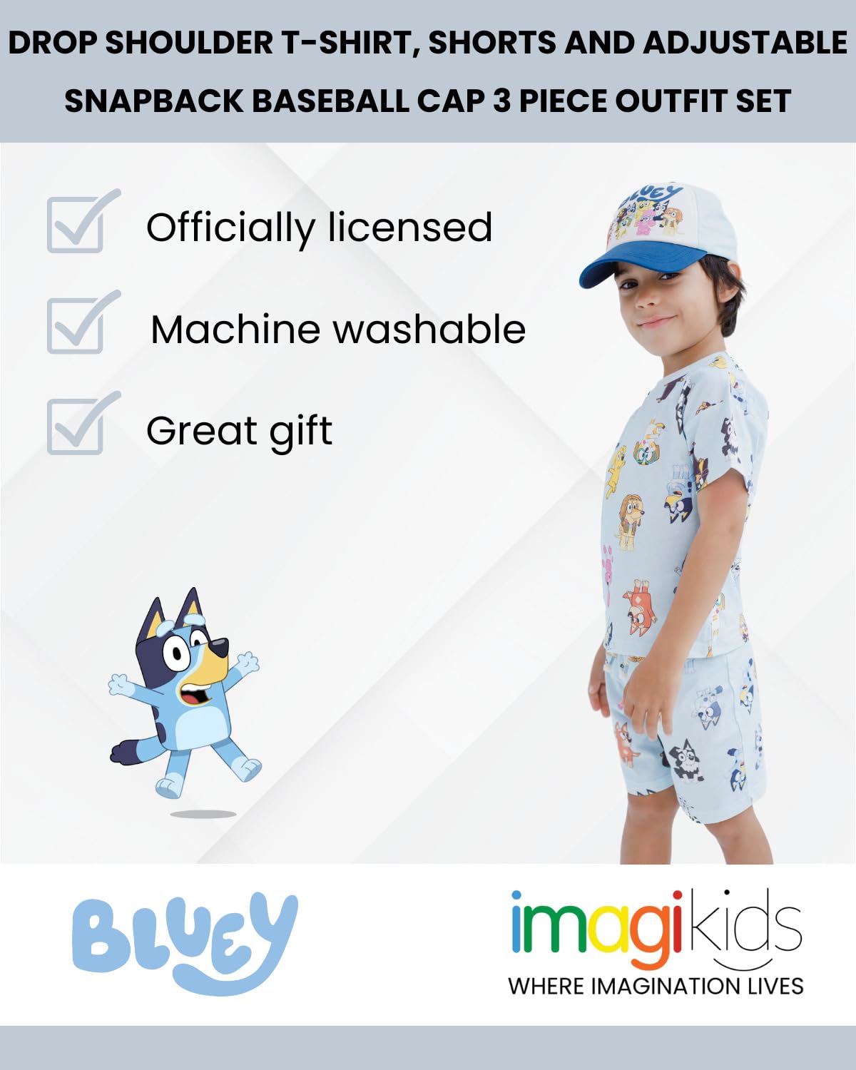 Bluey 3-Piece Kids Outfit Set - T-Shirt, Shorts &amp; Baseball Cap for Toddlers to Big Kids