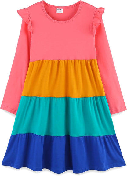 Girls Cotton Dress - Ruffle Sleeve Tiered A-Line Midi Sundress