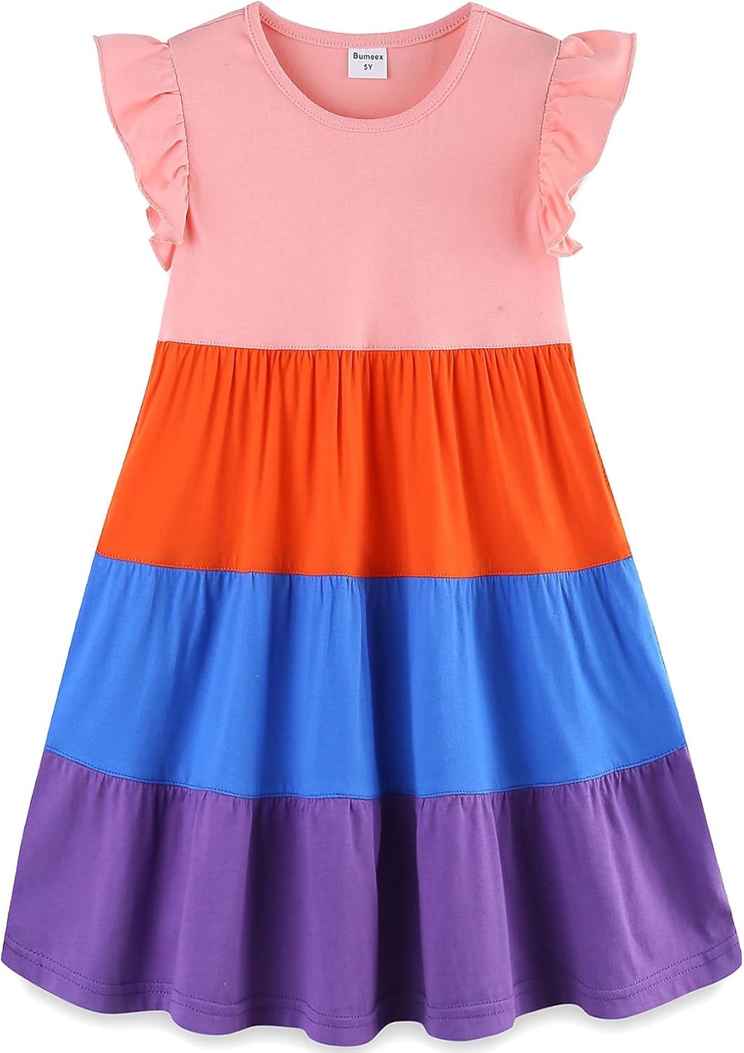 Girls Cotton Dress - Ruffle Sleeve Tiered A-Line Midi Sundress