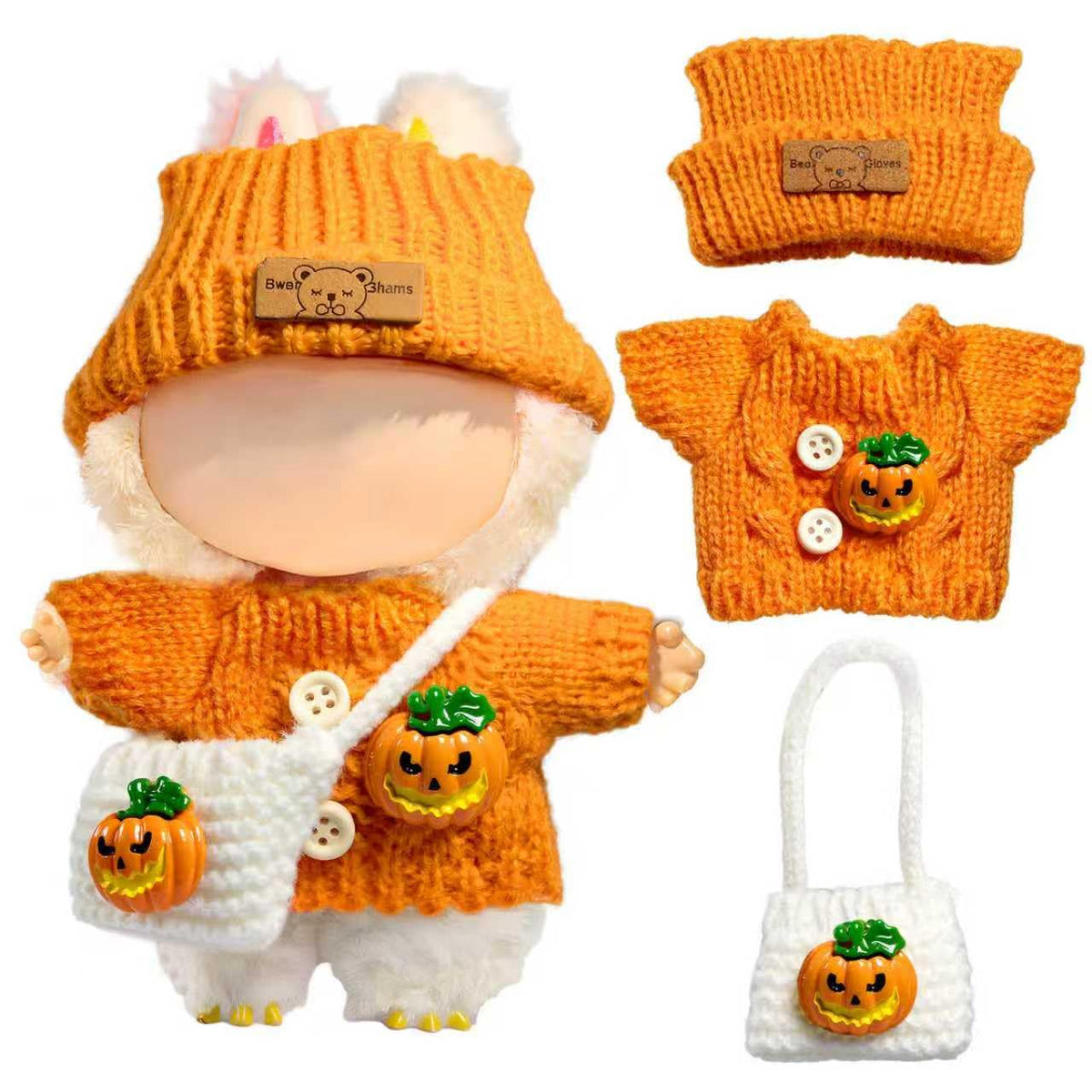3 Piece Handmade Crochet Outfit for 17cm Dolls - Heart Sweater Hat &amp; Bag Set