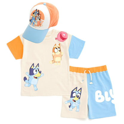 Bluey 3-Piece Kids Outfit Set - T-Shirt, Shorts &amp; Baseball Cap for Toddlers to Big Kids