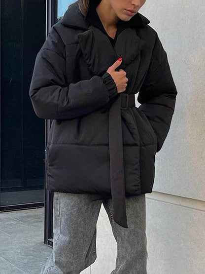 Puffer Long Sleeve Winter Coat with Belt for Women