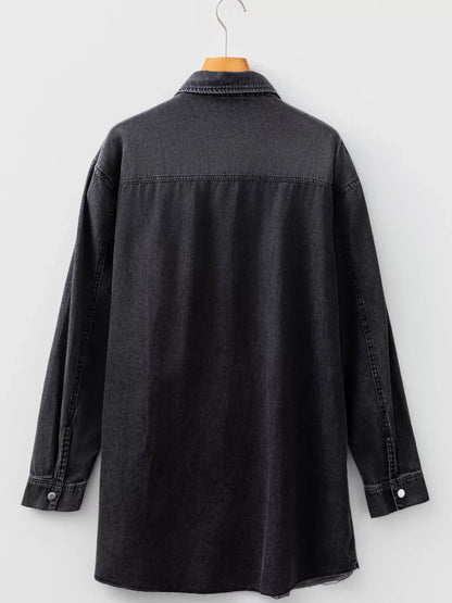 Chest Pocket Raw Hem Denim Loose Shirt Dress