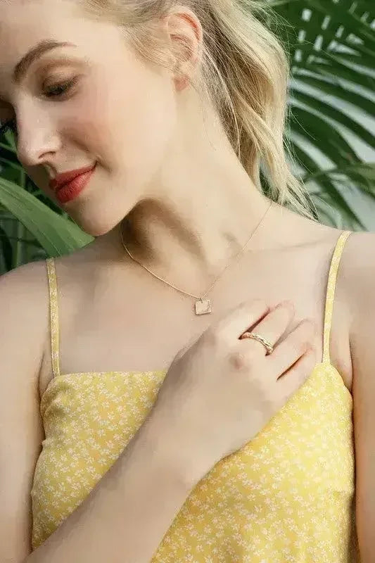 Gold Twisted Ring &amp; Square Pendant Necklace Set - Nickel-Free