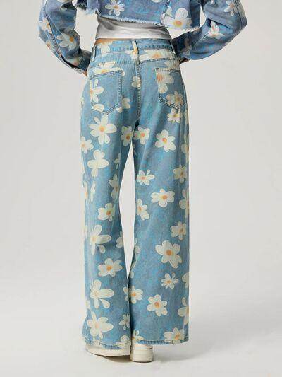 Pocketed Floral Wide Leg Jeans for Stylish Comfort