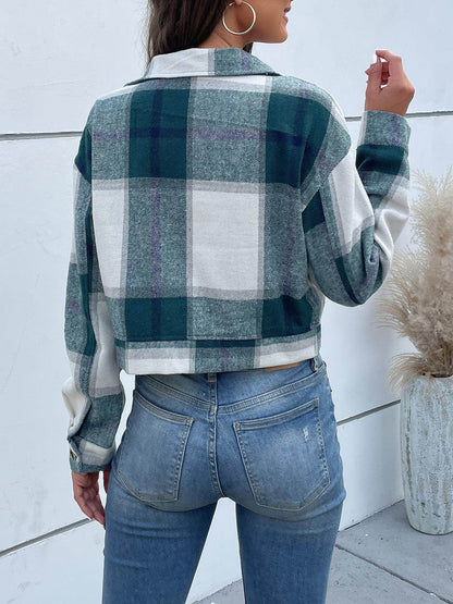 Perfee Plaid Button Up Drop Shoulder Cropped Jacket for Women