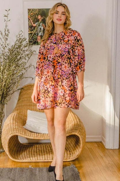 ODDI Full Size Floral Tied Neck Mini Dress for Women