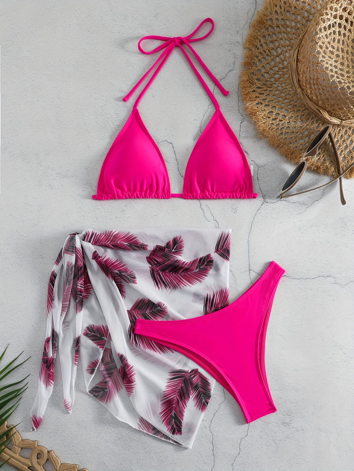 Feather Luxe 3-Piece Bikini Set – Exotic Feather Print Halter Neck Backless Swimsuit with High Cut Tie Back Bottoms and Wrap Cover-Up – Women’s High-Stretch Comfortable Swimwear for Summer Beach &amp; Pool Vacations