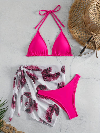 Feather Luxe 3-Piece Bikini Set – Exotic Feather Print Halter Neck Backless Swimsuit with High Cut Tie Back Bottoms and Wrap Cover-Up – Women’s High-Stretch Comfortable Swimwear for Summer Beach &amp; Pool Vacations