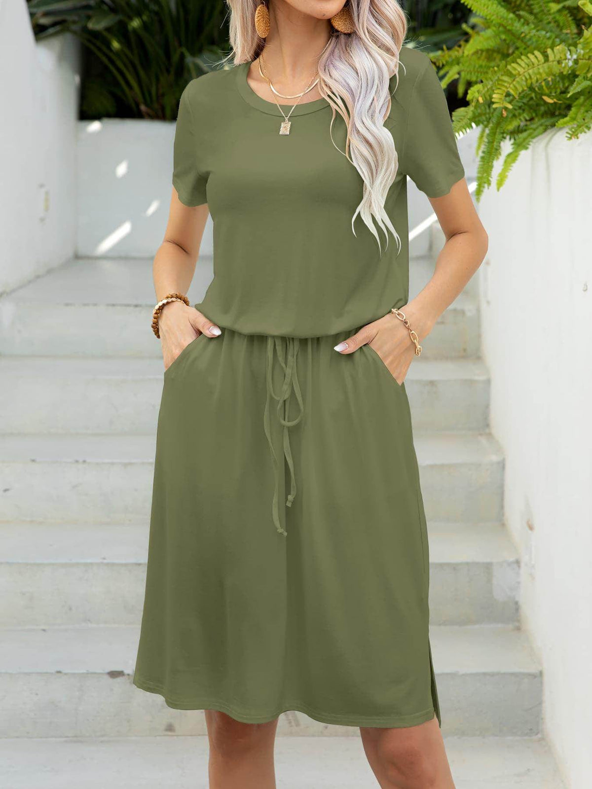Round Neck Short Sleeve Slit Dress with Pockets for Women