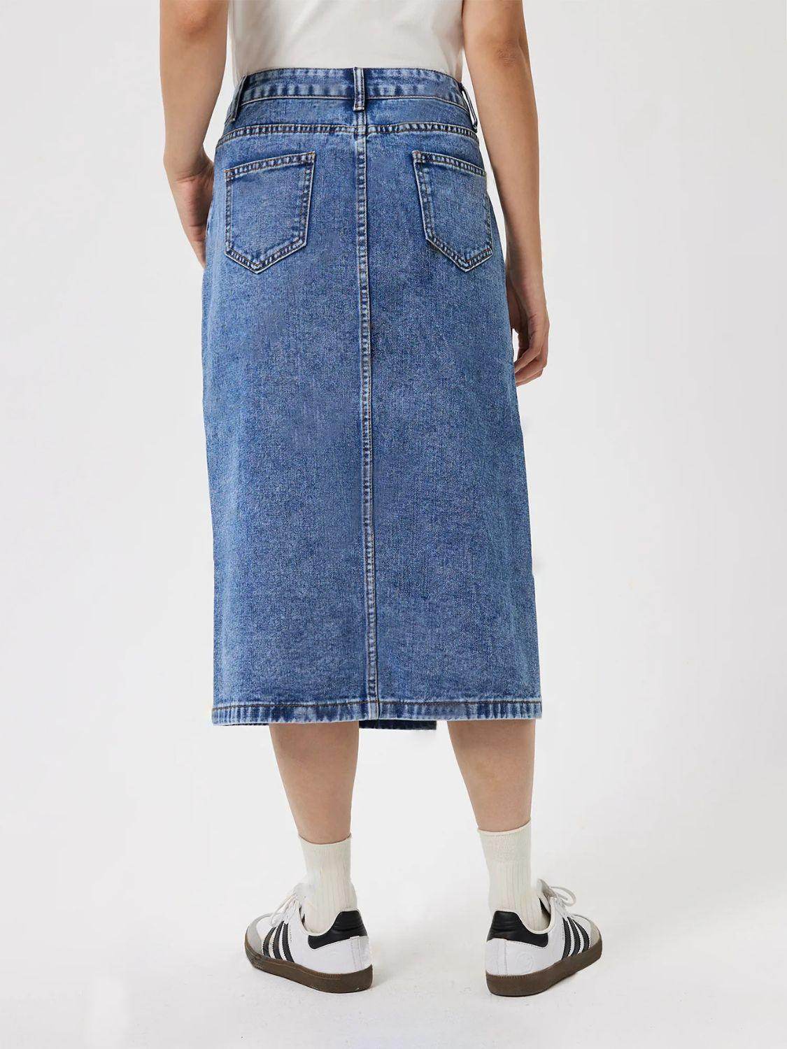 Slit Midi Denim Skirt with Pockets for Stylish Look