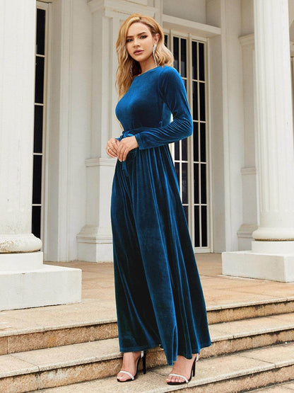 Tie Front Round Neck Long Sleeve Maxi Dress for Women