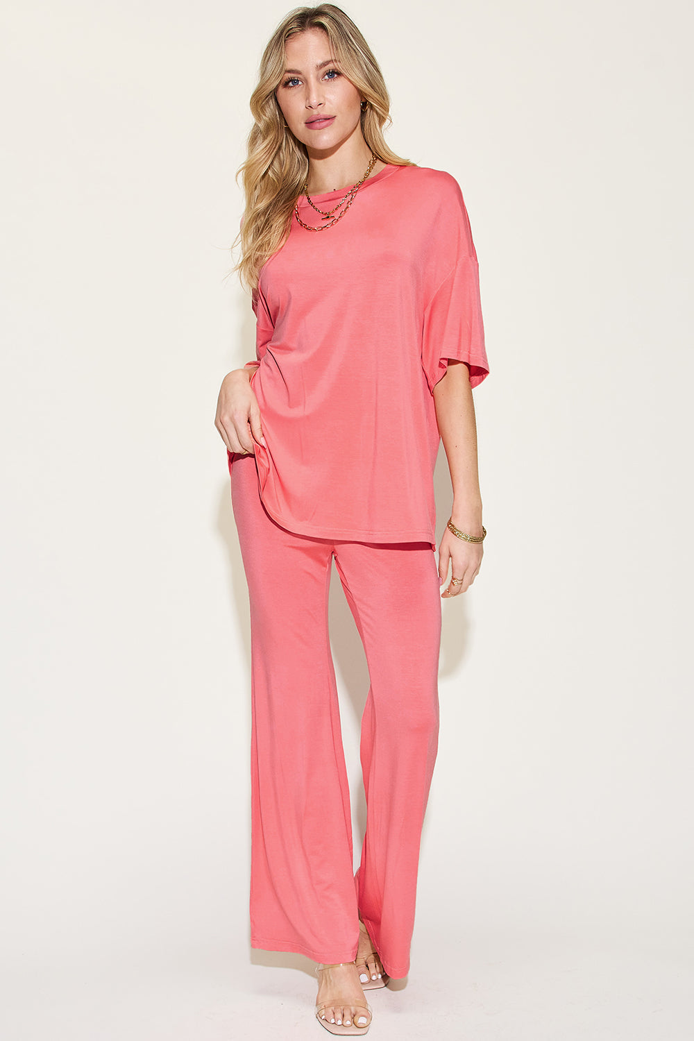 Comfy Bamboo Drop Shoulder Tee &amp; Flare Pants Set