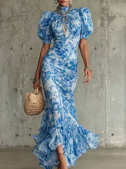French-style Vintage Chiffon Dress, Summer High-neck Puff Sleeve, Waist-cinching, Slimming, Fishtail, Elegant, Ladylike, Vacation Long Dress