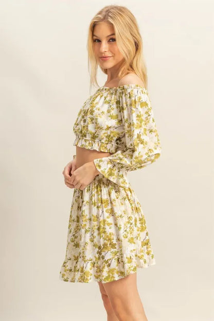 HYFVE Floral Off-Shoulder Flounce Sleeve Top and Skirt Set