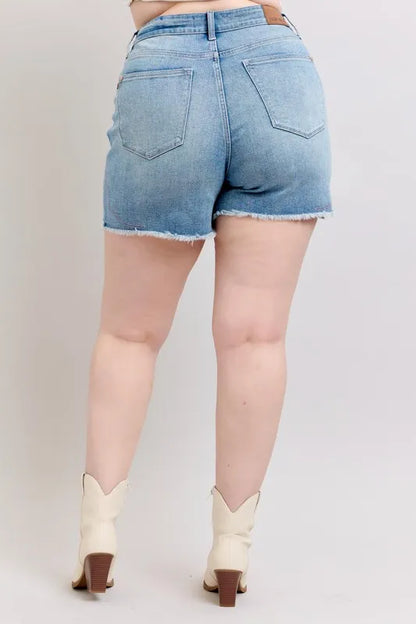 Judy Blue Full Size High Waist Western Embroidery Detail Cut Off Denim Shorts Plus Size