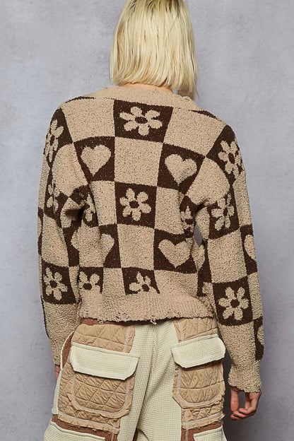 POL V-Neck Heart Pattern Checkered Sweater