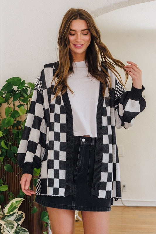 Back To School Sweater - Annie Wear Checkered Open Front Drop Shoulder Cardigan