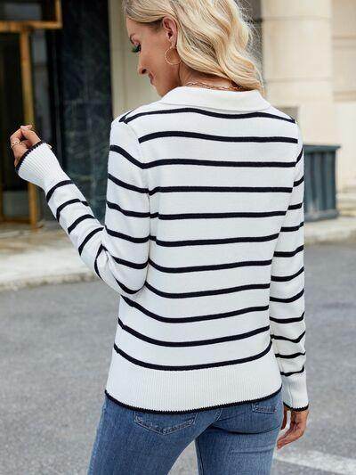 Striped Johnny Collar Long Sleeve Sweater for Women