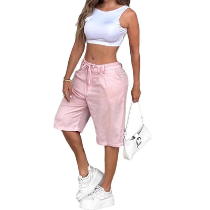 Womens Fashionable Casual Solid-Color Drawstring Shorts