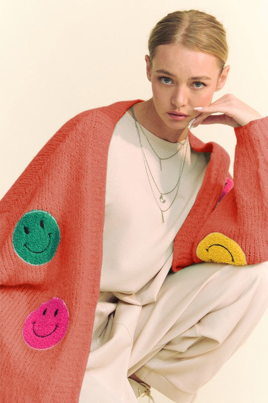 Back To School Sweater - Davi &amp; Dani Fuzzy Smile Open Front Long Sleeve Cardigan