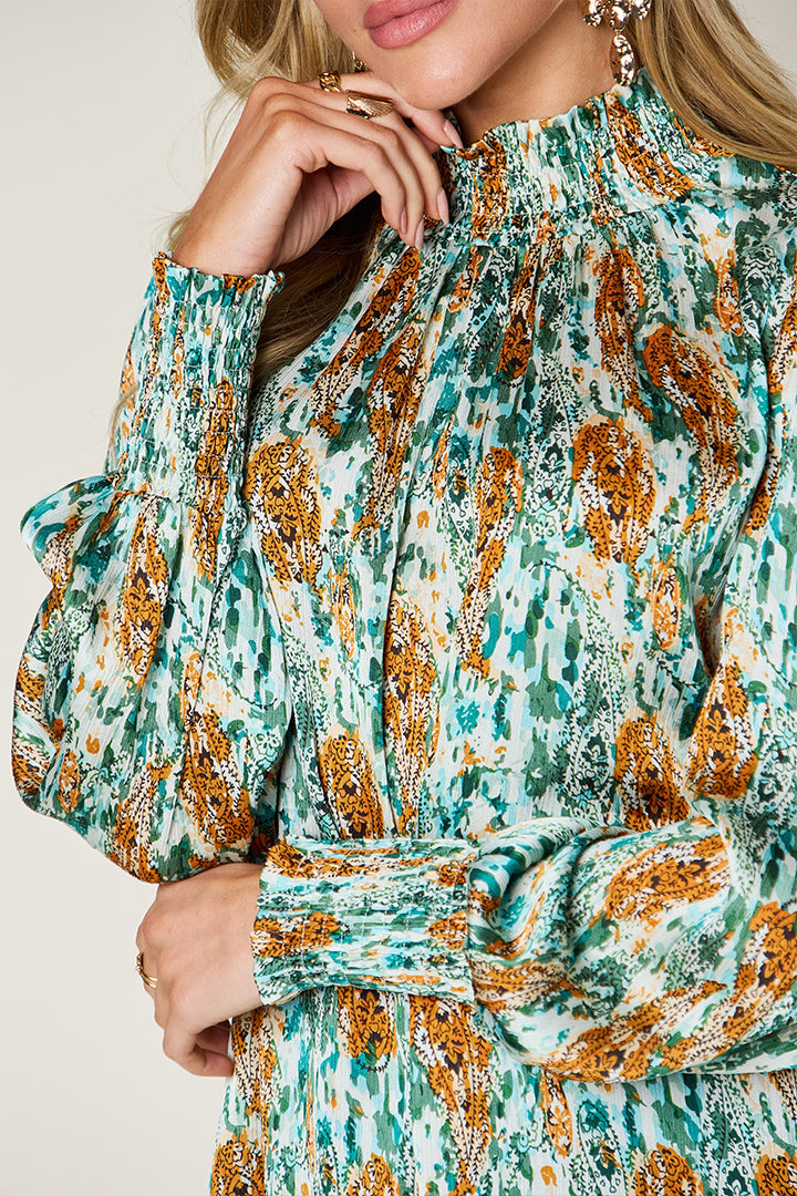 Semi-Sheer Smocked Top with Long Sleeves &amp; Frills