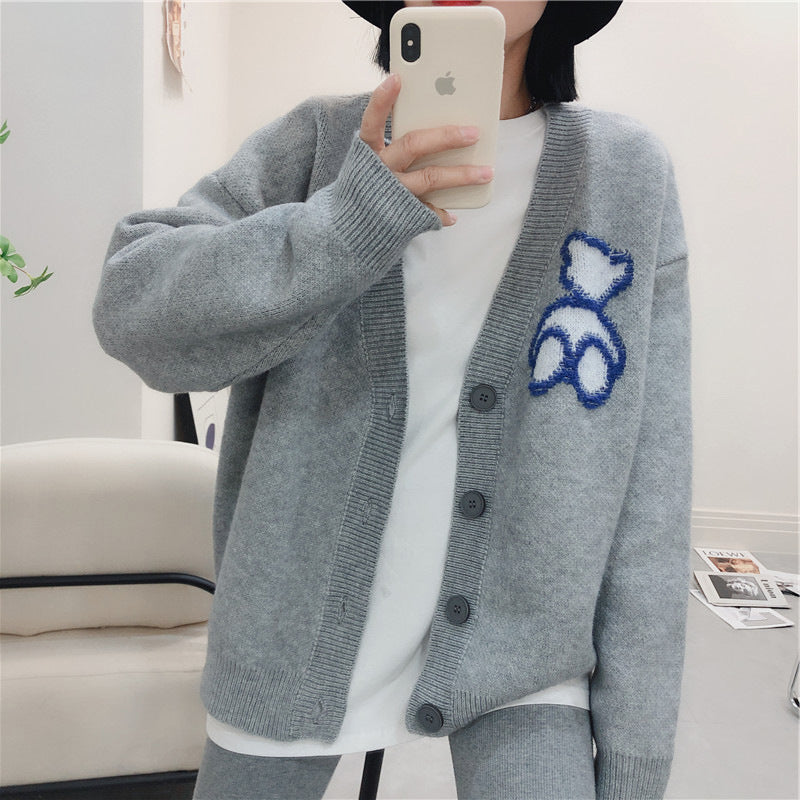 Western Style Idle Style Bear Pattern Sweater For Outer Wear