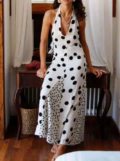 Backless Halter Neck Polka Dot Maxi Dress