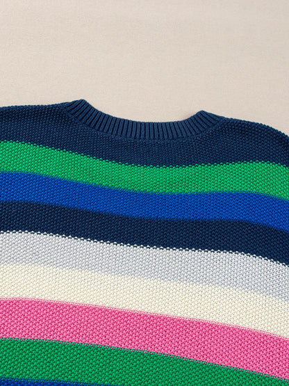 Rainbow Striped Crew Neck Drop Shoulder Sweater
