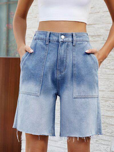 Buttoned Raw Hem Denim Shorts with Pockets for Women