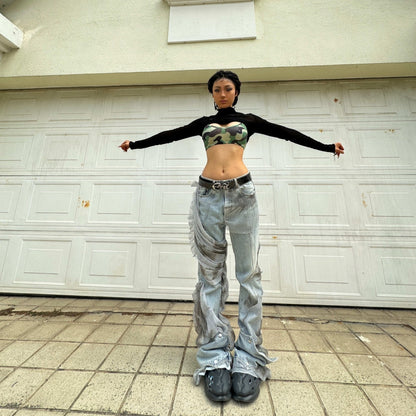 Desert Camouflage Mesh Washed And Worn Bat Jeans Couple
