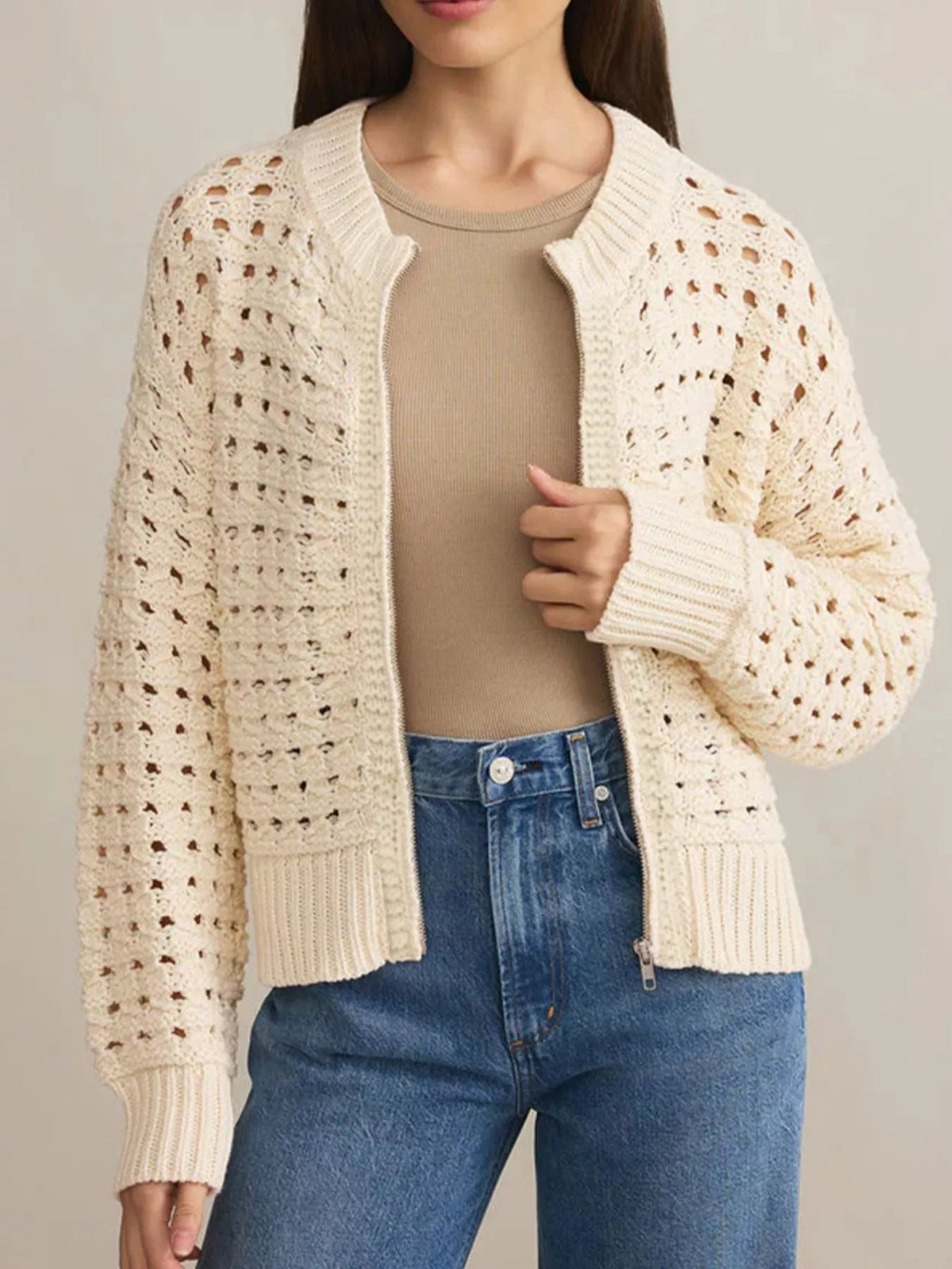 Openwork Zip-Up Cardigan