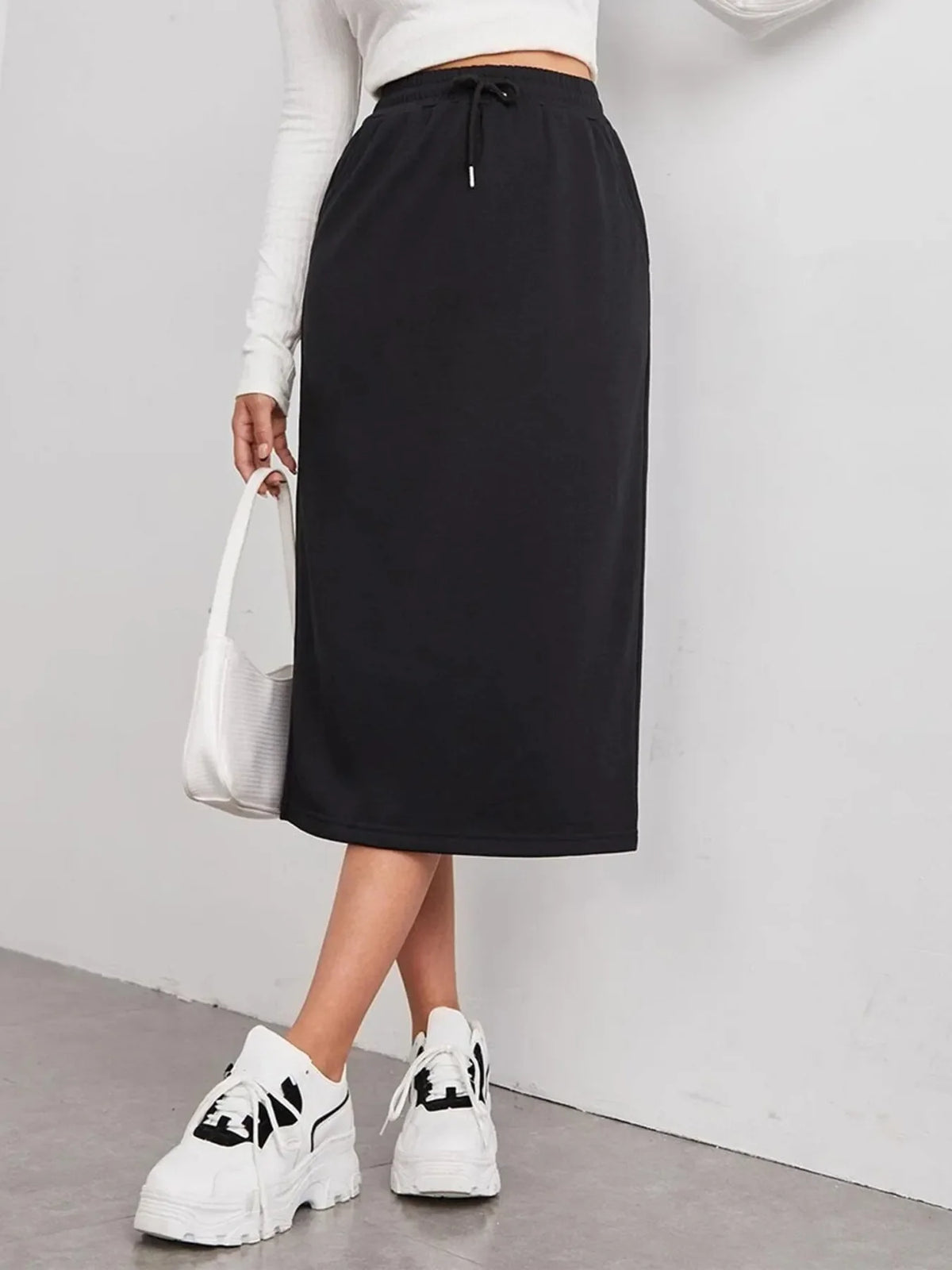 Slit Drawstring Midi Skirt